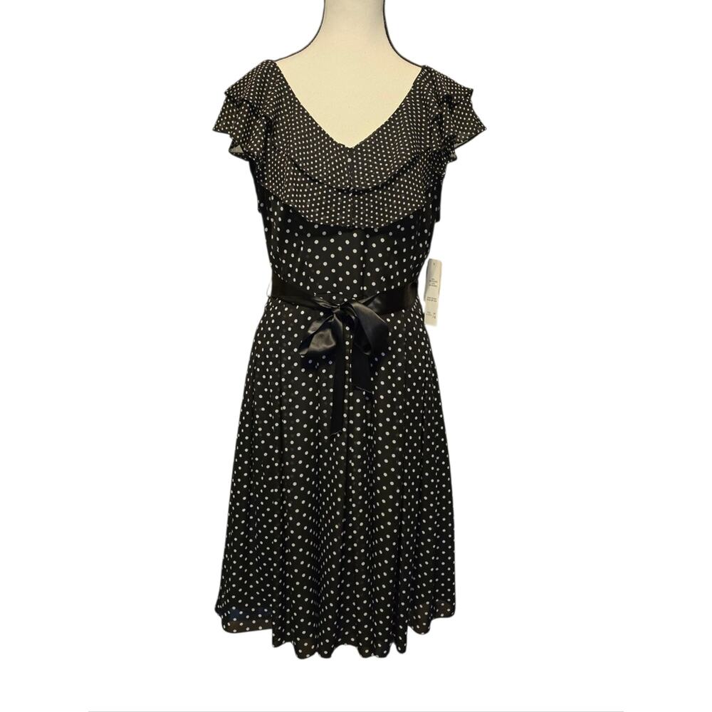 Adrianna Papell Dress Womens 14 Black White Polka Dot Ruffle Front Pin-Up NWT - Picture 2 of 12